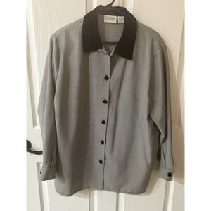 Kathryn Deene VTG Houndstooth Button Down Long Sleeve Blouse Black Velvet 14/16